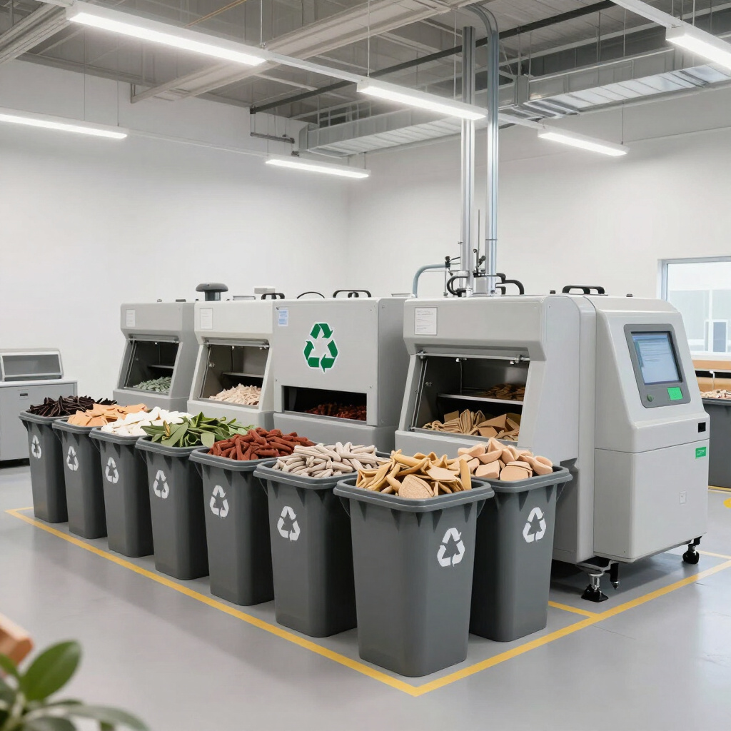 Recycling facility with industrial sorting machines and bins