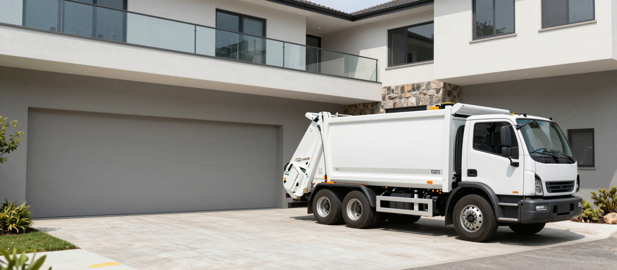 White junk removal truck parked in front of a modern home